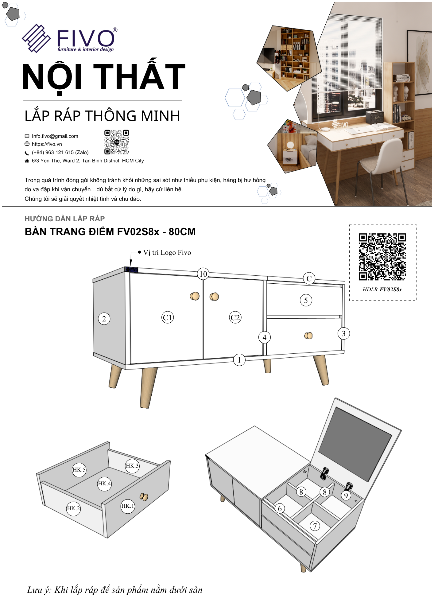 Hướng Dẫn Lắp Ráp Bàn Trang Điểm FV02 FIVO Ngang 80cm
