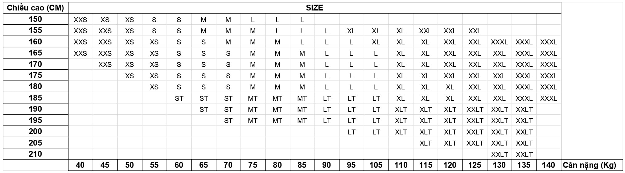 bảng size quần dài chạy bộ 2xu nam