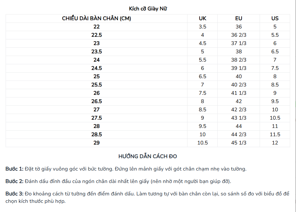 bảng size giày hoka nữ
