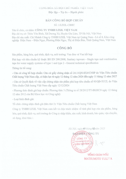 Bản Công bố hợp chuẩn Van đơn và Van kết hợp