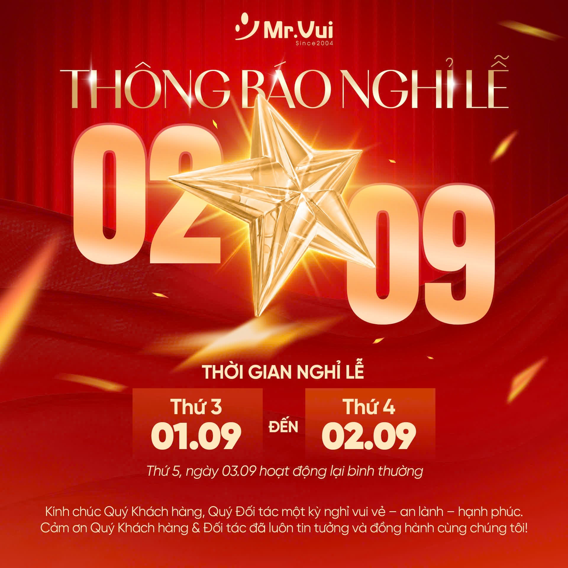 Mr. Vui Thông Báo Lịch Nghỉ Lễ Quốc Khánh 02/09 Đến Quý Khách Hàng