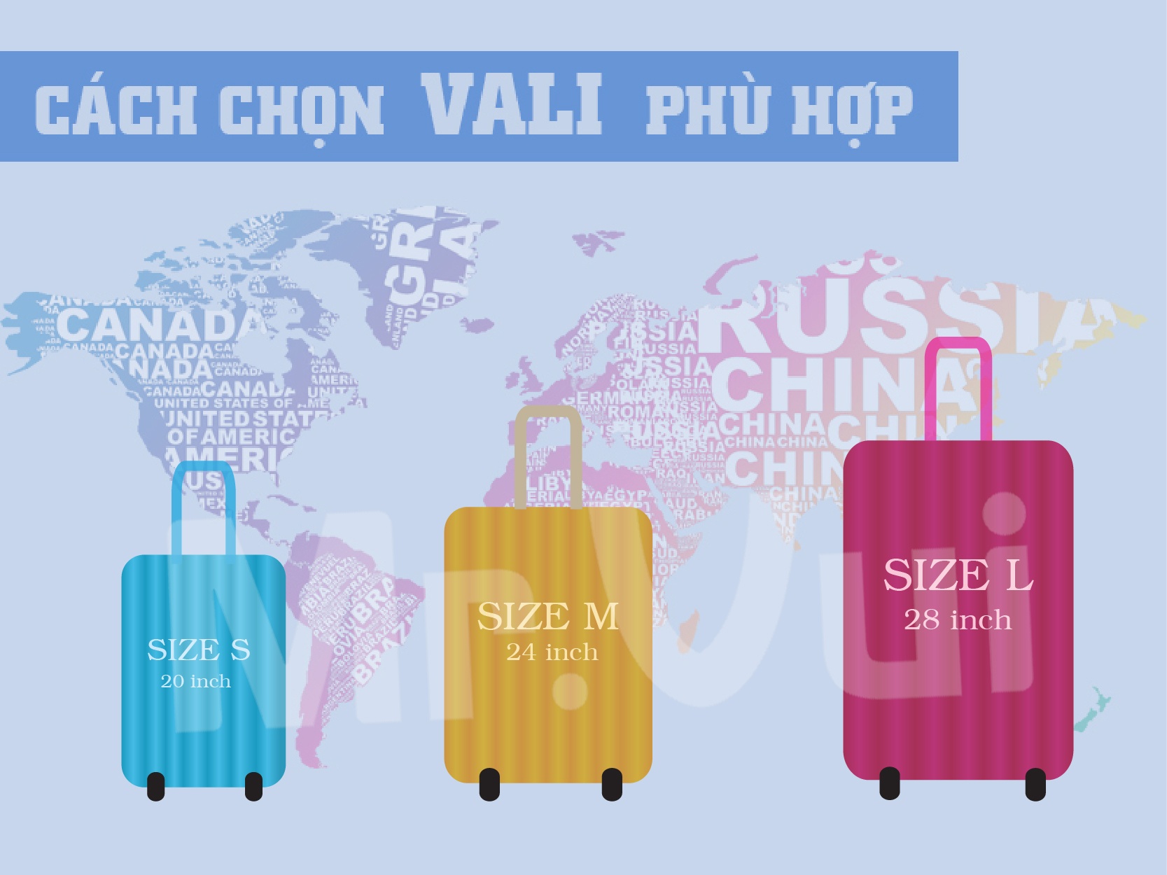 11 size vali thông dụng: vali size 20, vali size 24, vali size 28 và các loại khác