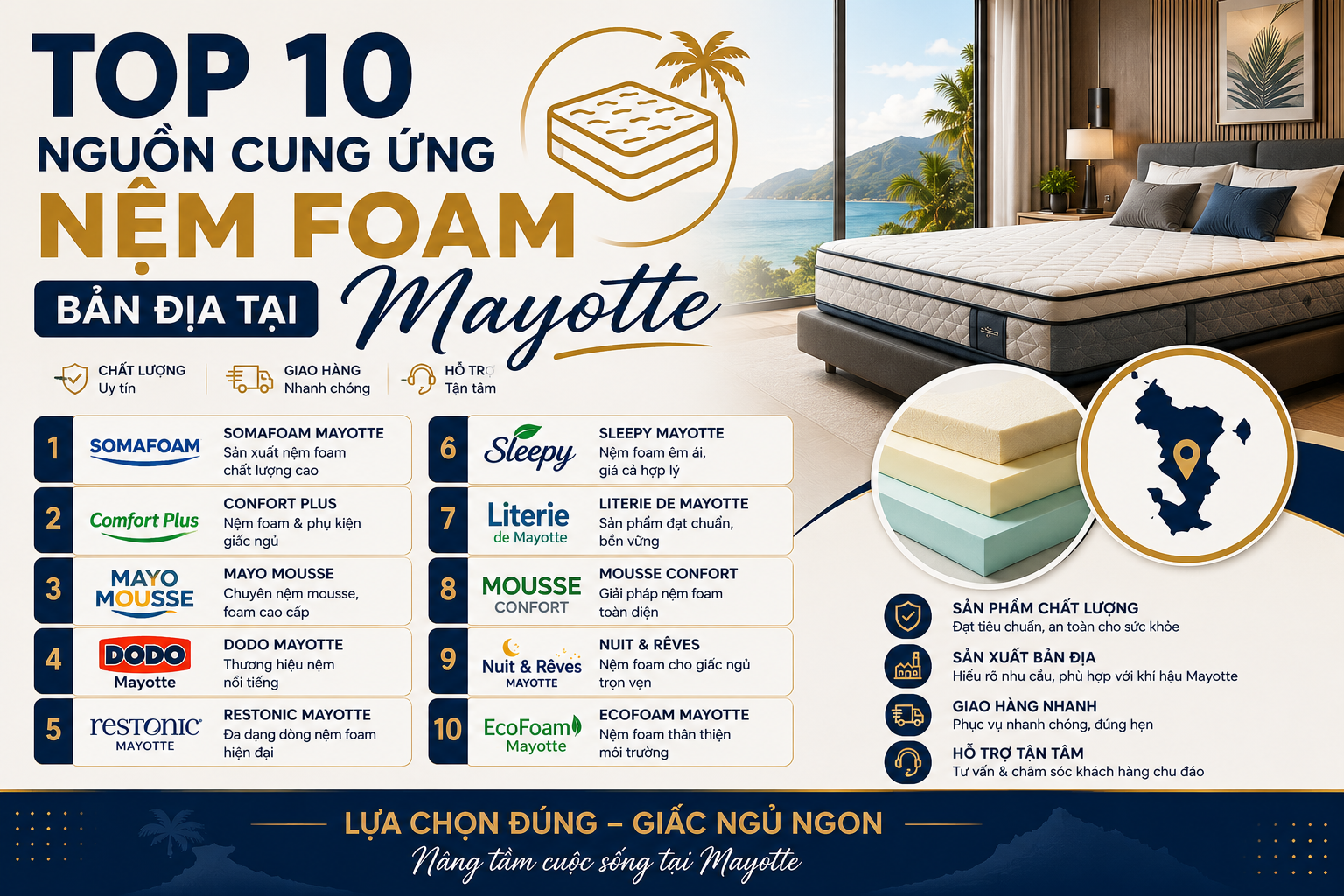 Top 10 Nguồn Cung Ứng Nệm Foam Bản Địa Tại Mayotte (Cập Nhật 2026)