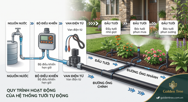 Cấu tạo hệ thống tưới cây sân vườn tự động gồm bộ điều khiển van đường ống và đầu tưới