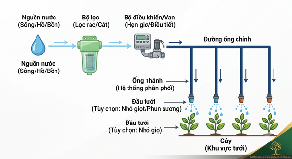 Cấu tạo hệ thống tưới cây nhà phố gồm bộ điều khiển van đường ống và đầu tưới