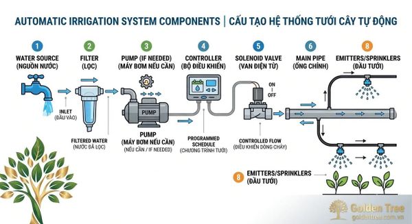 Cấu tạo hệ thống tưới cây tự động gồm nguồn nước đường ống van và đầu tưới