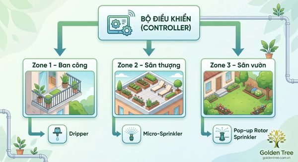 Kiểm tra từng khu vực tưới trong hệ thống tưới cây tự động