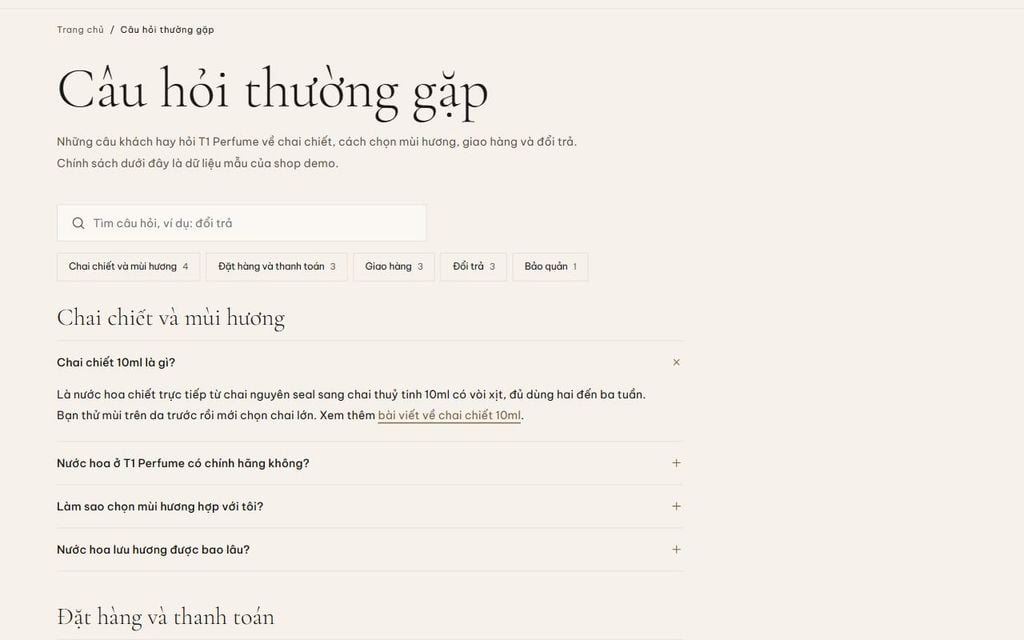 Trang câu hỏi thường gặp có ô tìm câu hỏi