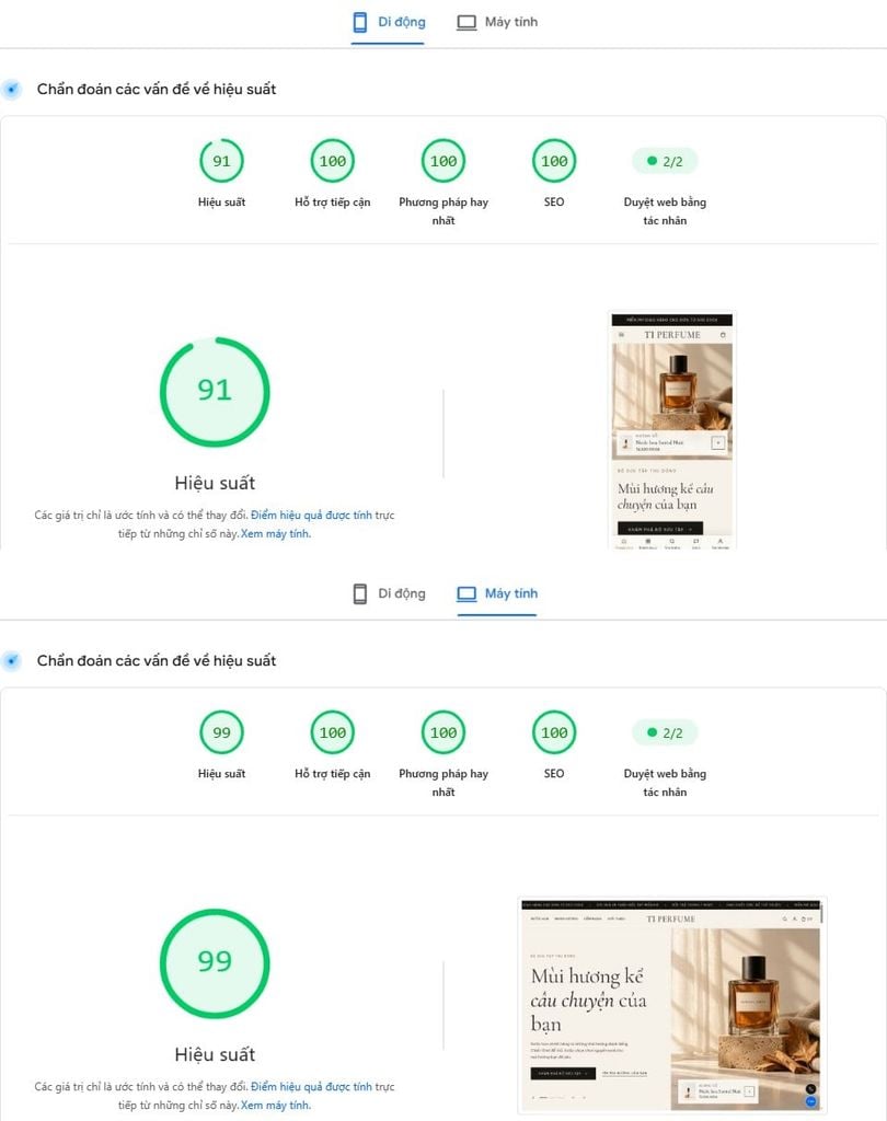 Kết quả Google PageSpeed trang chủ shop demo: điện thoại 91, máy tính 99