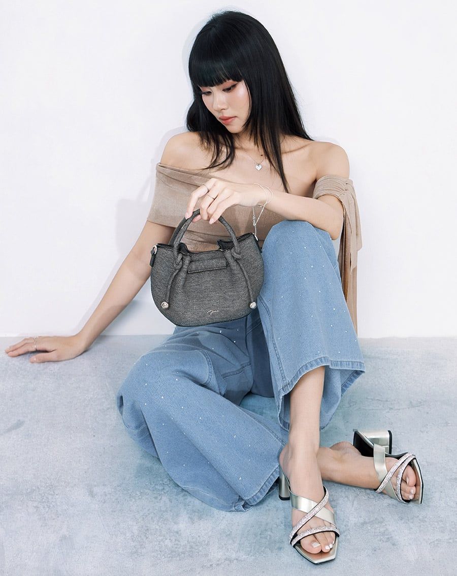  Giày Sandal Mules phối quai đính hạt 