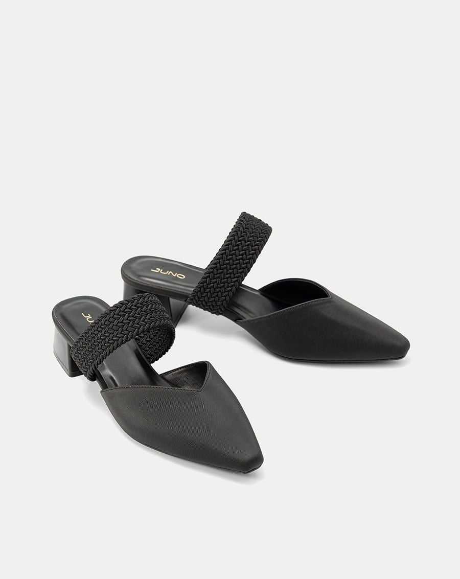  Giày Cao Gót Mules Phối Quai Thun Bện 