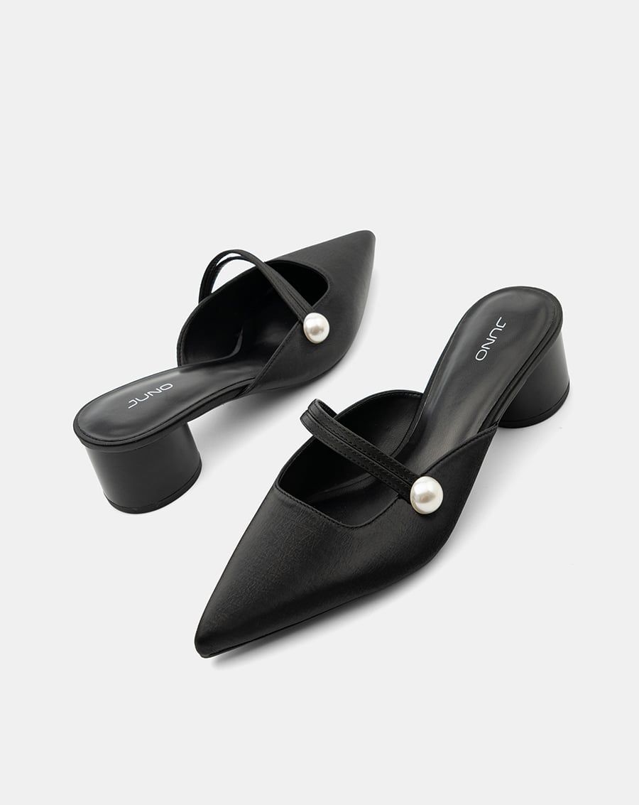  Giày Cao Gót Mules Phối Khóa Ngọc Trai 