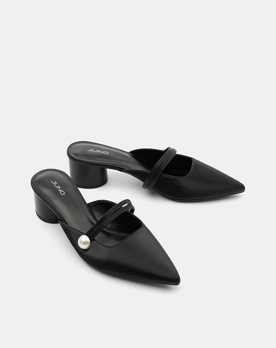  Giày Cao Gót Mules Phối Khóa Ngọc Trai 