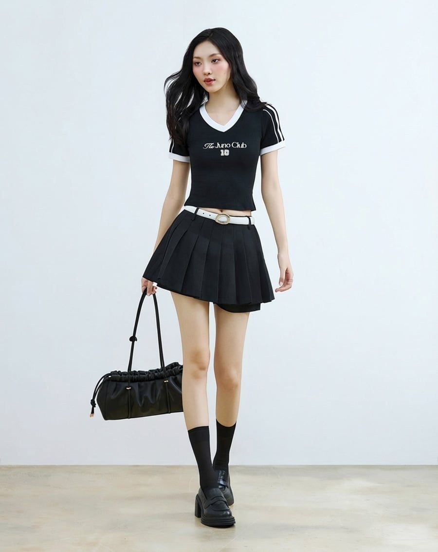  Áo thun ôm phối màu in chữ 