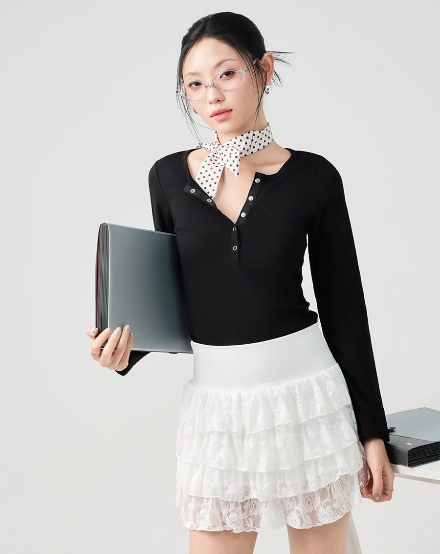  Áo thun tay dài phối nẹp cổ ribbon 