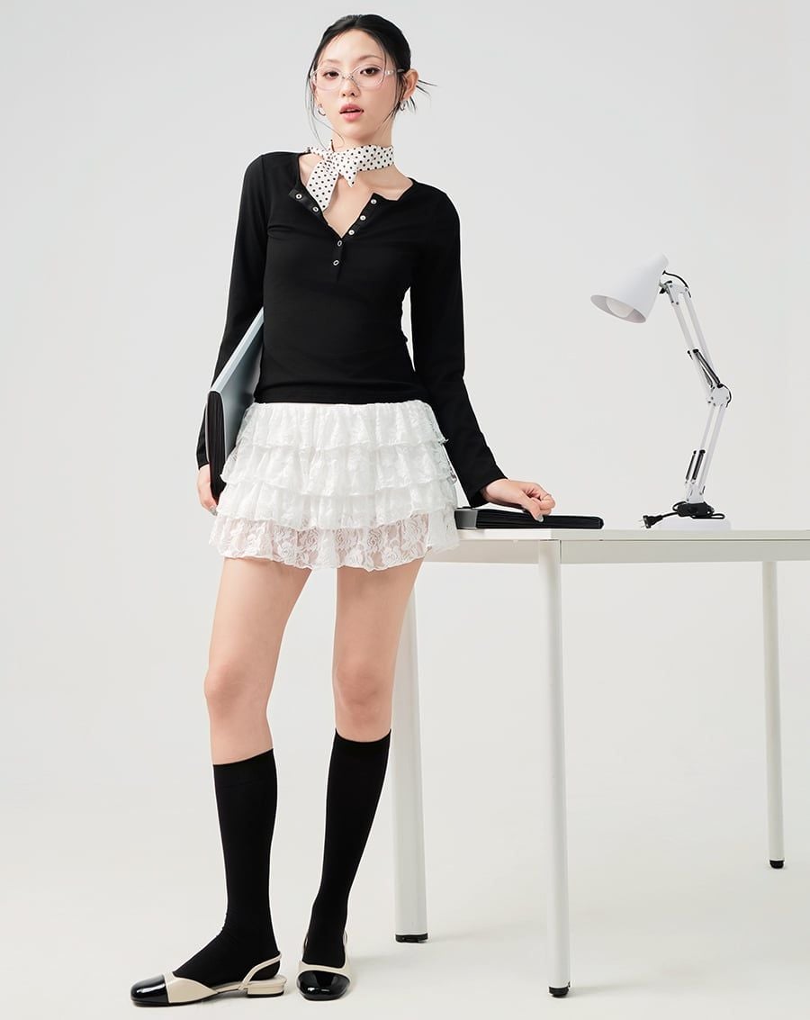  Áo thun tay dài phối nẹp cổ ribbon 