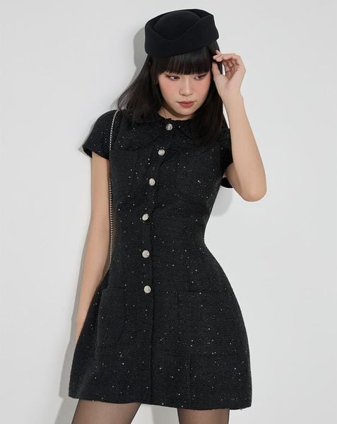  Đầm mini vải tweed phối nút silver 