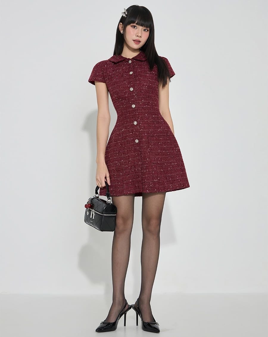  Đầm mini vải tweed phối nút silver 