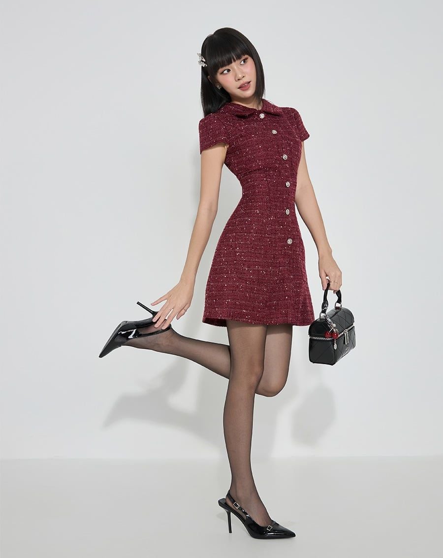  Đầm mini vải tweed phối nút silver 