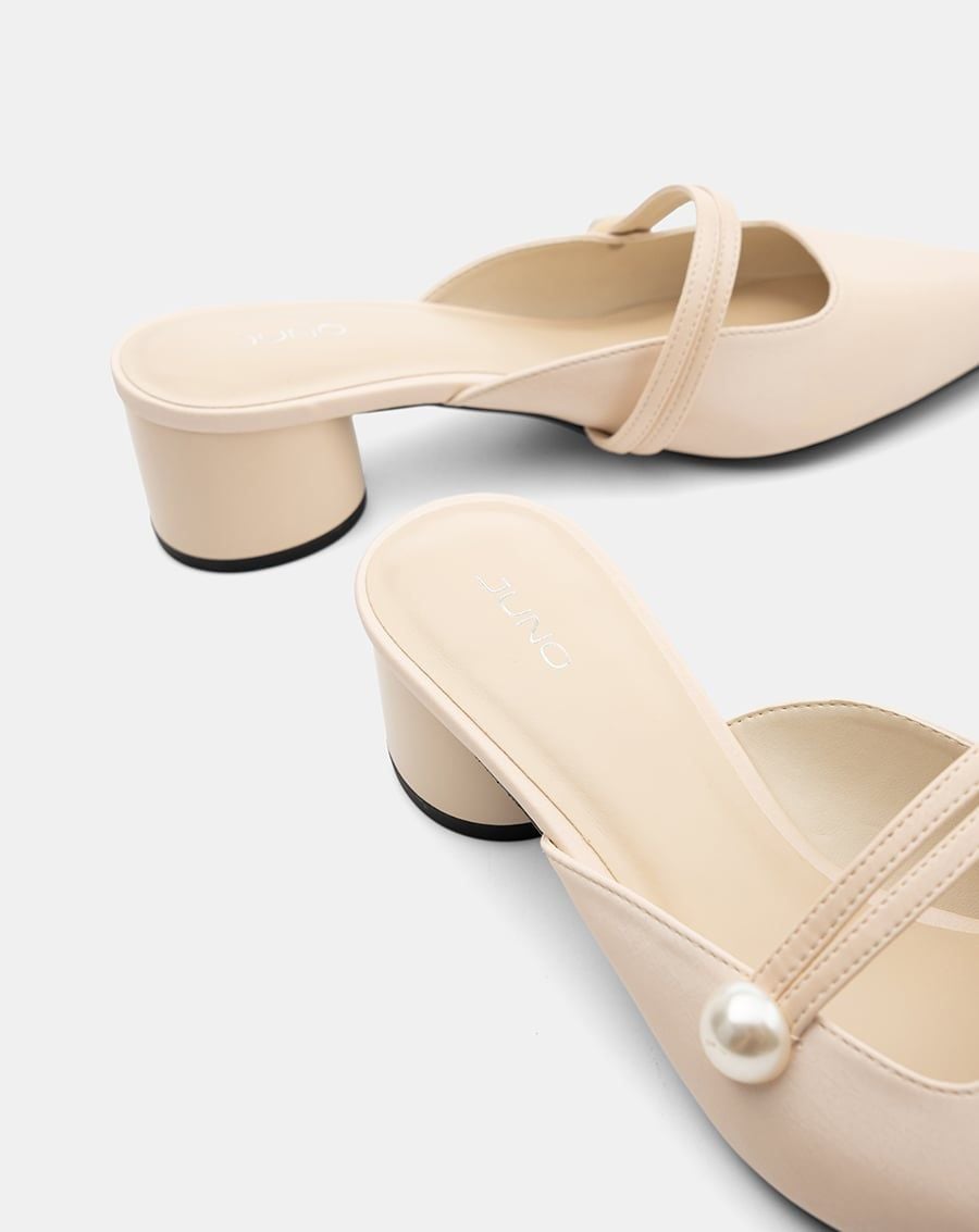  Giày Cao Gót Mules Phối Khóa Ngọc Trai 