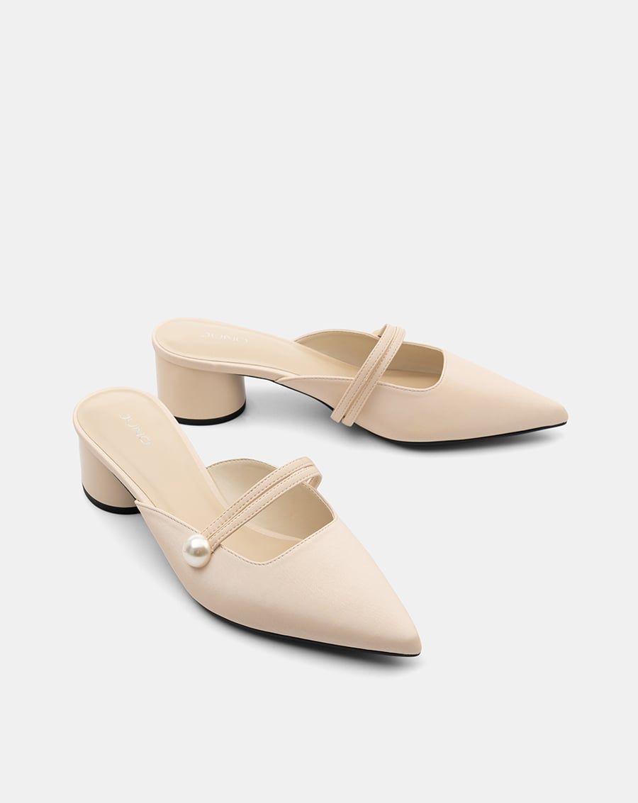  Giày Cao Gót Mules Phối Khóa Ngọc Trai 