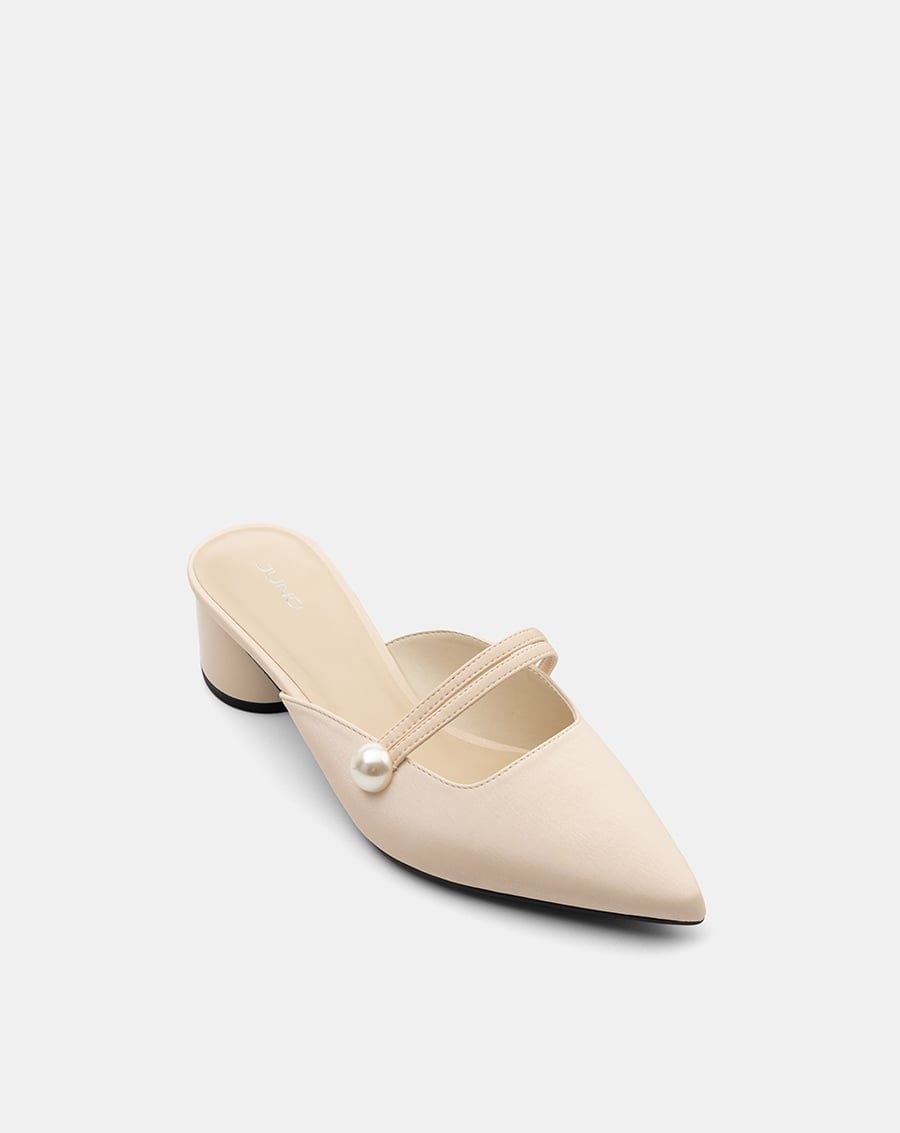  Giày Cao Gót Mules Phối Khóa Ngọc Trai 