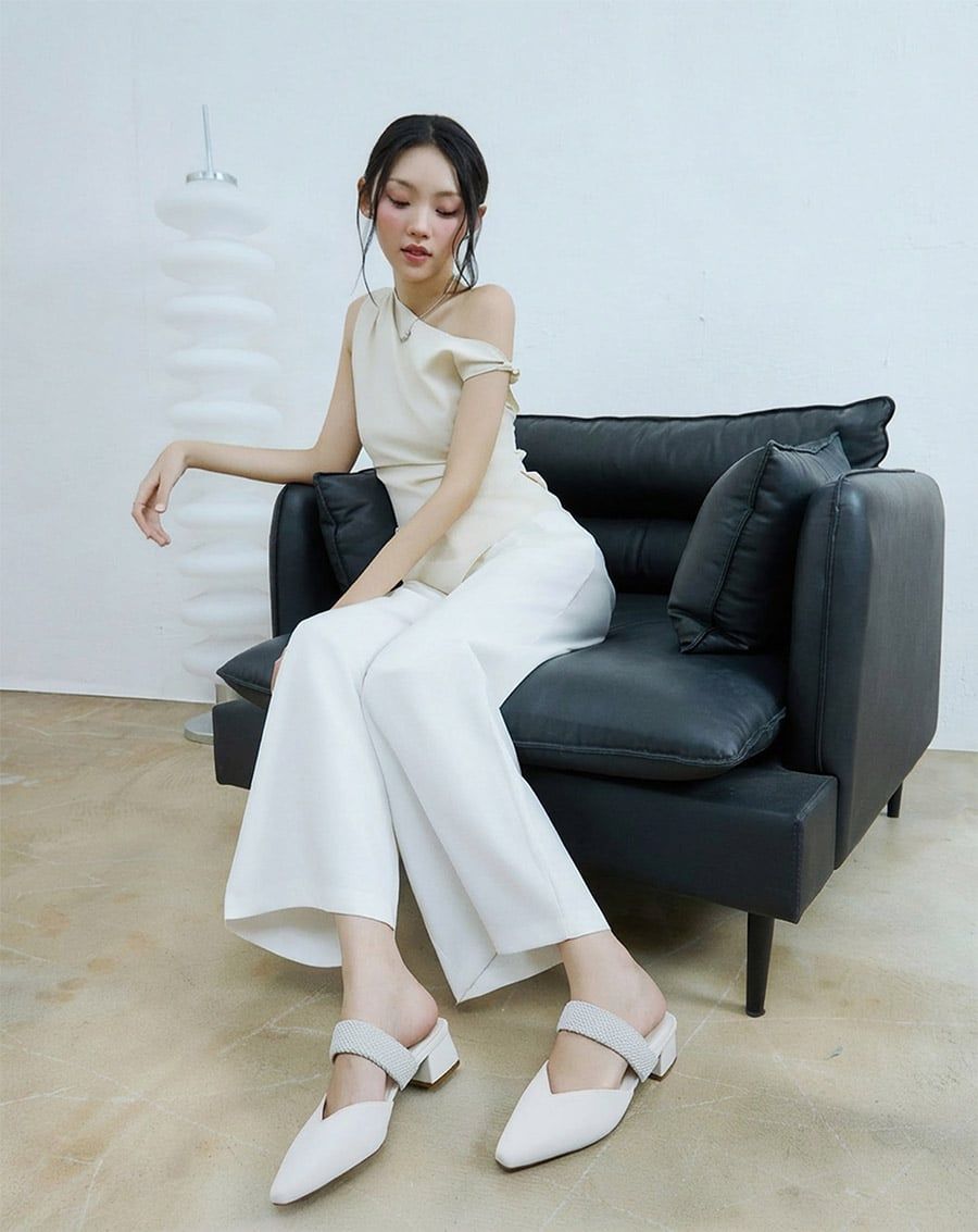  Giày Cao Gót Mules Phối Quai Thun Bện 