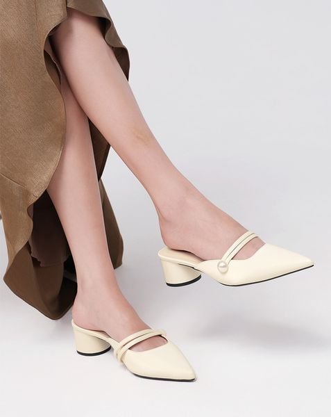  Giày Cao Gót Mules Phối Khóa Ngọc Trai 