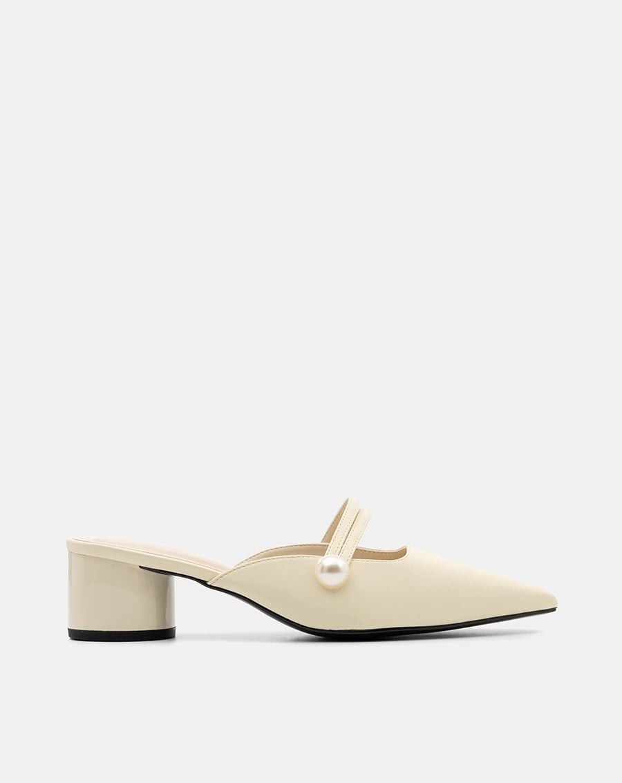  Giày Cao Gót Mules Phối Khóa Ngọc Trai 