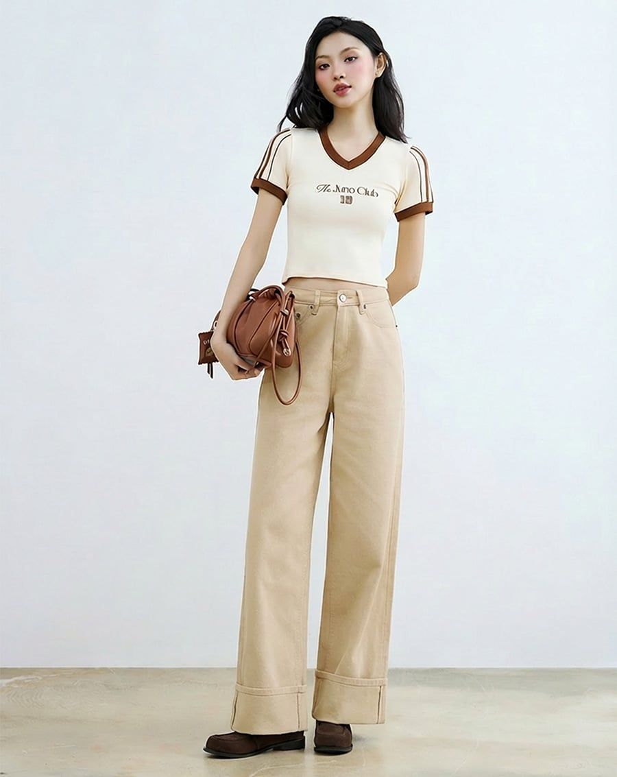  Áo thun ôm phối màu in chữ 