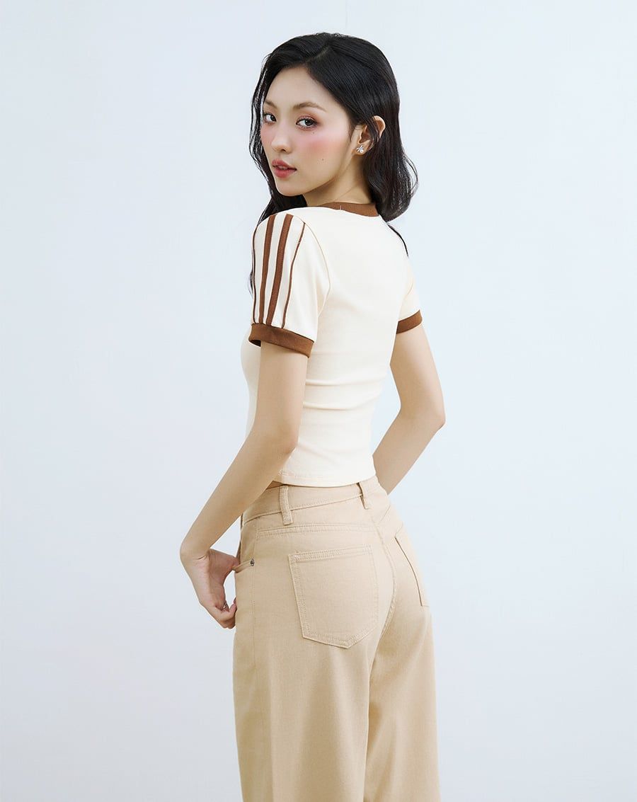  Áo thun ôm phối màu in chữ 