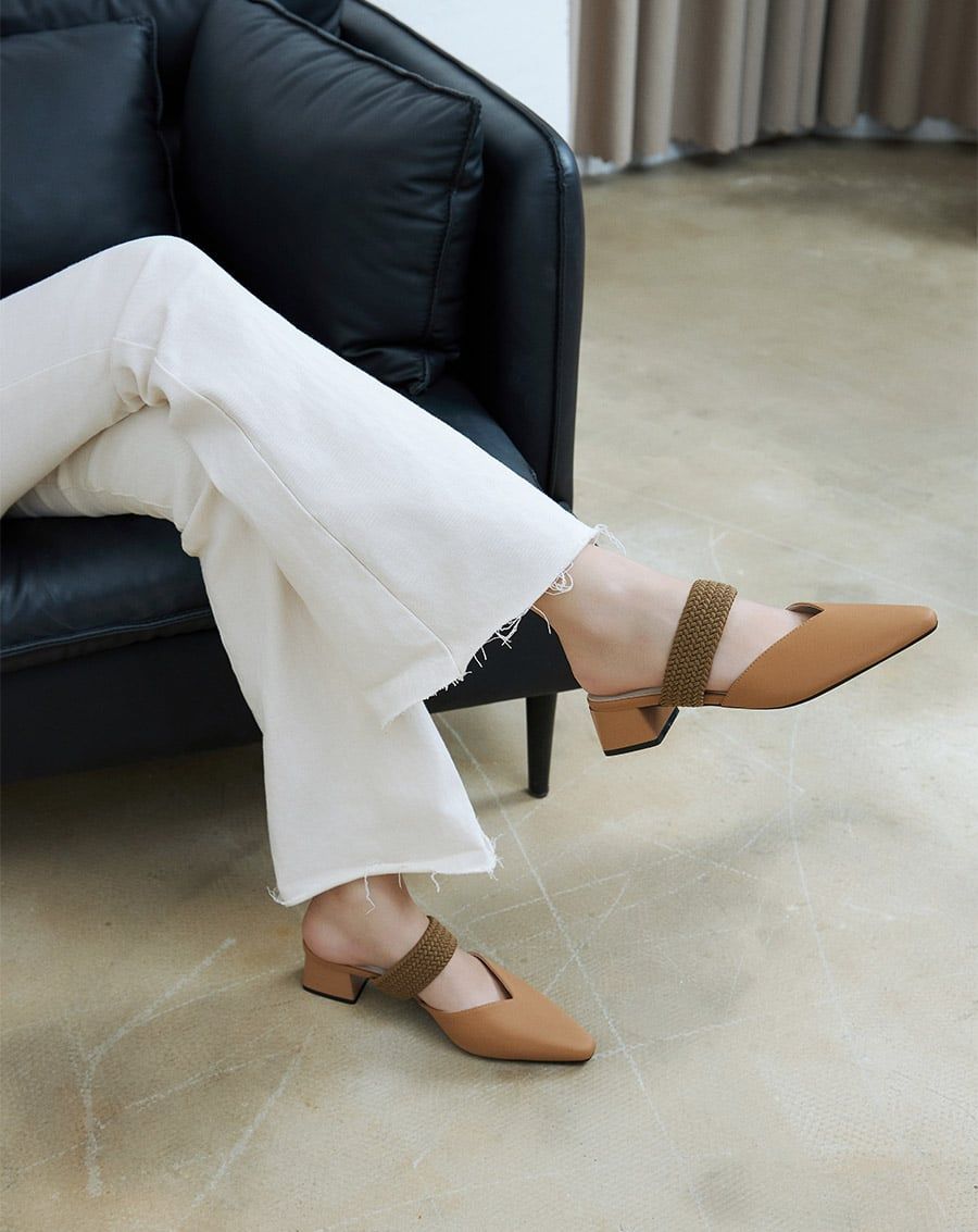  Giày Cao Gót Mules Phối Quai Thun Bện 