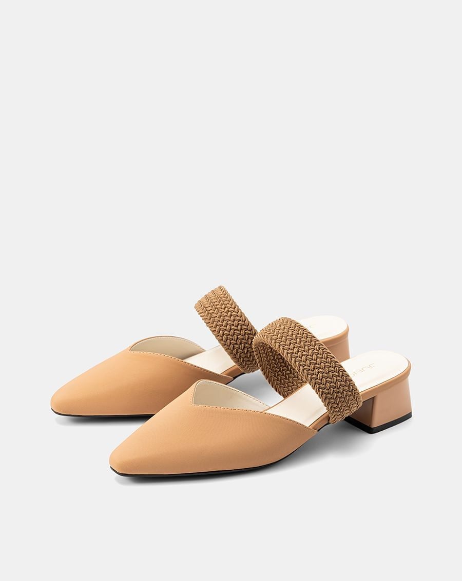  Giày Cao Gót Mules Phối Quai Thun Bện 