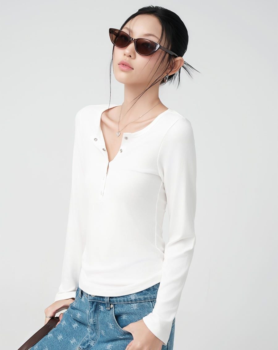  Áo thun tay dài phối nẹp cổ ribbon 