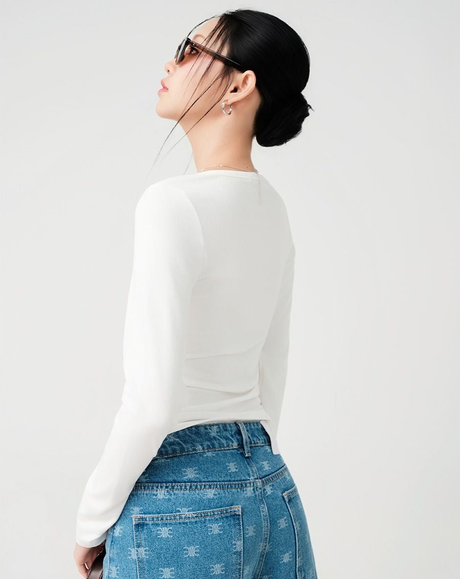  Áo thun tay dài phối nẹp cổ ribbon 