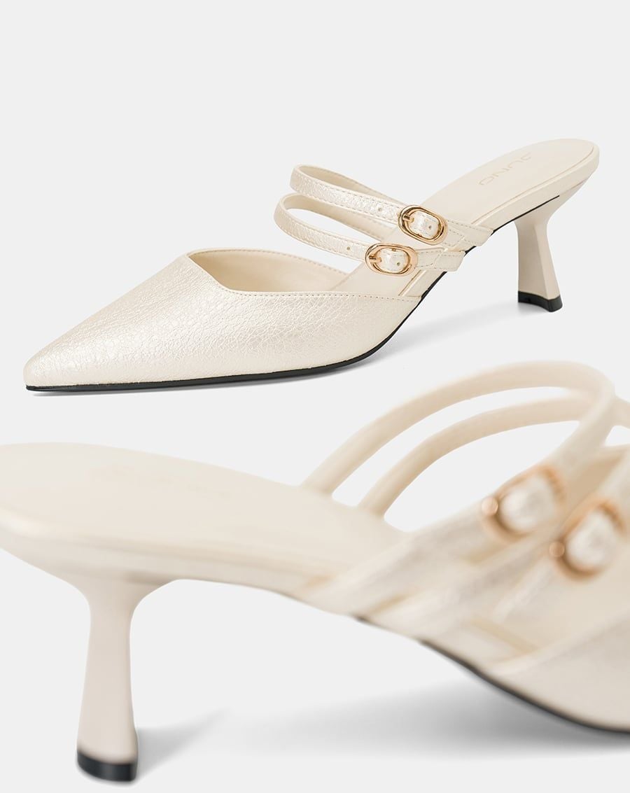  Giày Cao Gót Mules Phối Hai Quai Trang Trí 