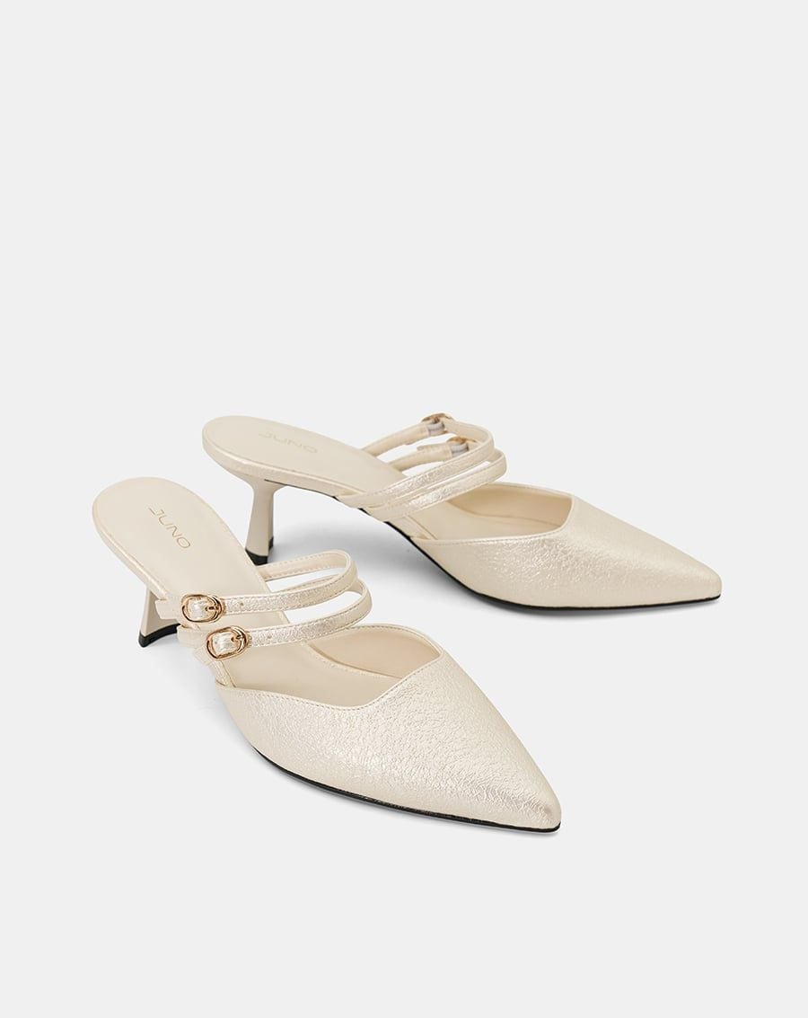  Giày Cao Gót Mules Phối Hai Quai Trang Trí 