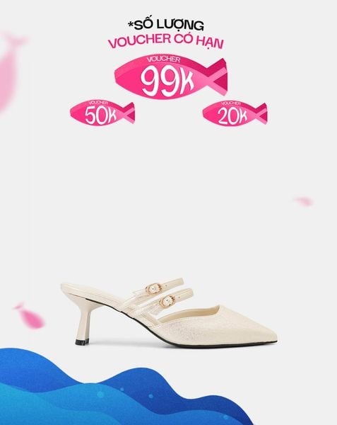  Giày Cao Gót Mules Phối Hai Quai Trang Trí 