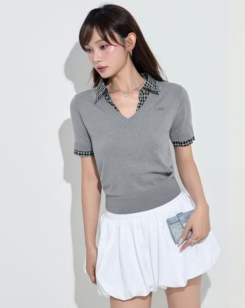  Áo dệt kim phối cổ caro đính đá 