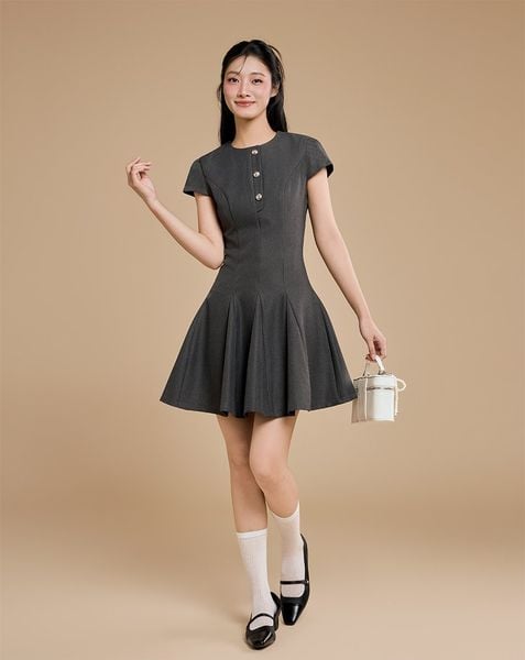 Đầm godet mini phối nẹp nút