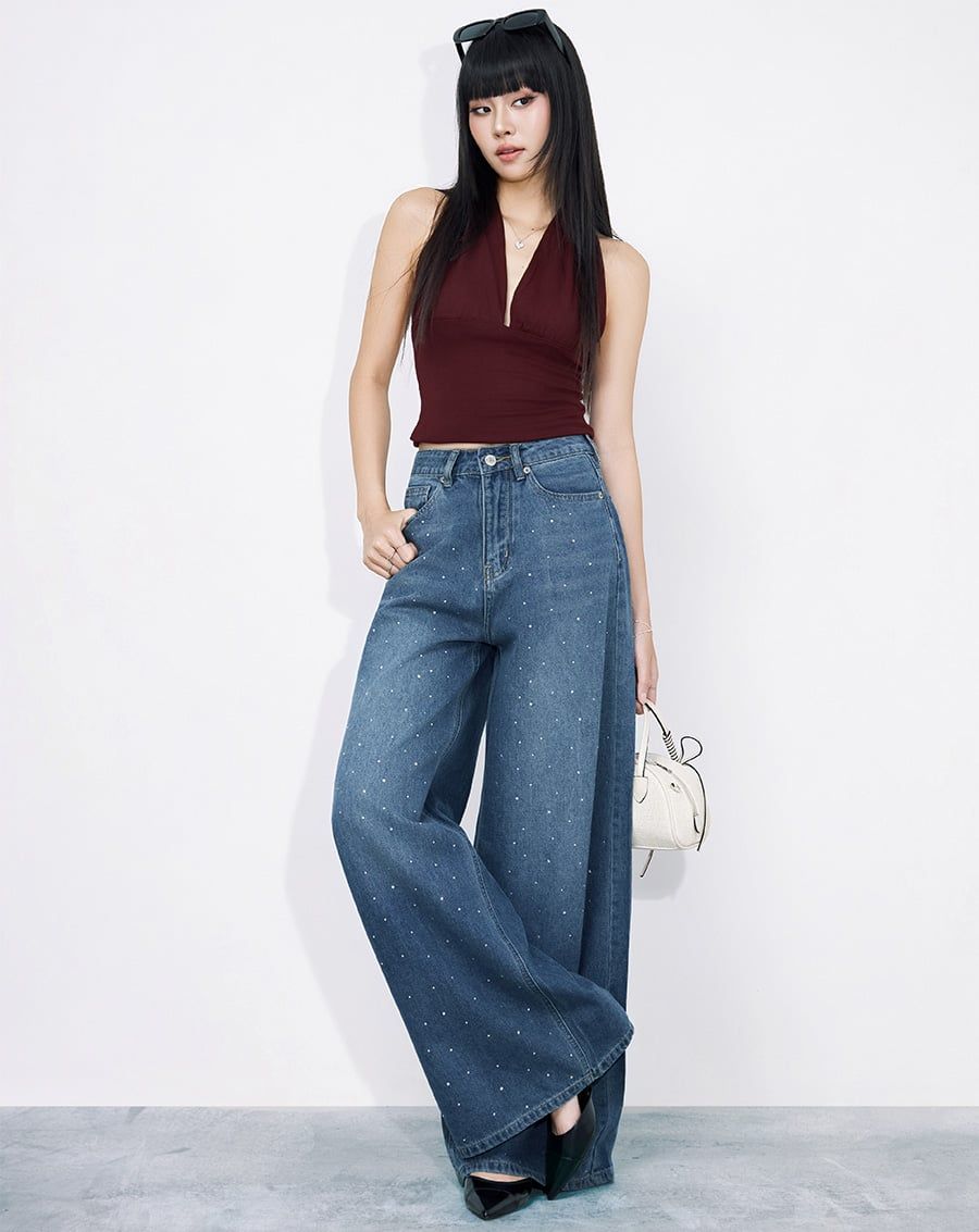  Quần jean ống rộng đính đá 