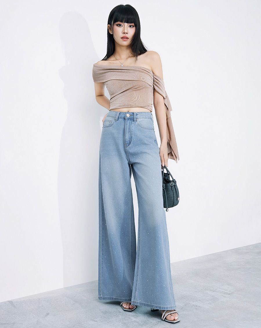  Quần jean ống rộng đính đá 