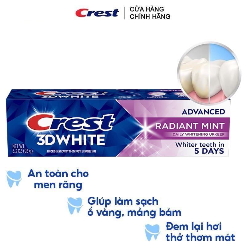 Kem Đánh Răng Crest Làm Trắng Răng, Sạch Mảng Bám 3D White Advanced Radiant Mint