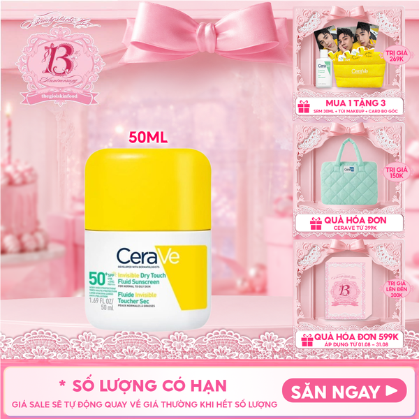  Sữa Chống Nắng Cerave Kiềm Dầu, Mỏng Nhẹ, Khô Thoáng Invisible Dry Touch​ Fluid Sunscreen SPF50+ PA++++​ 50ml 