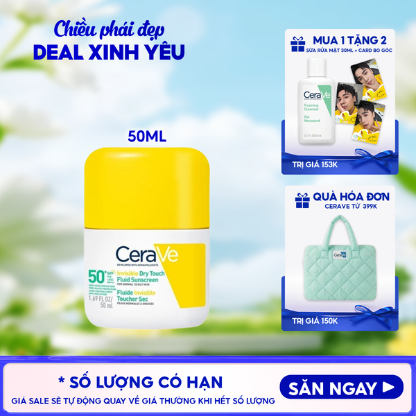  Sữa Chống Nắng Cerave Kiềm Dầu, Mỏng Nhẹ, Khô Thoáng Invisible Dry Touch​ Fluid Sunscreen SPF50+ PA++++​ 50ml 