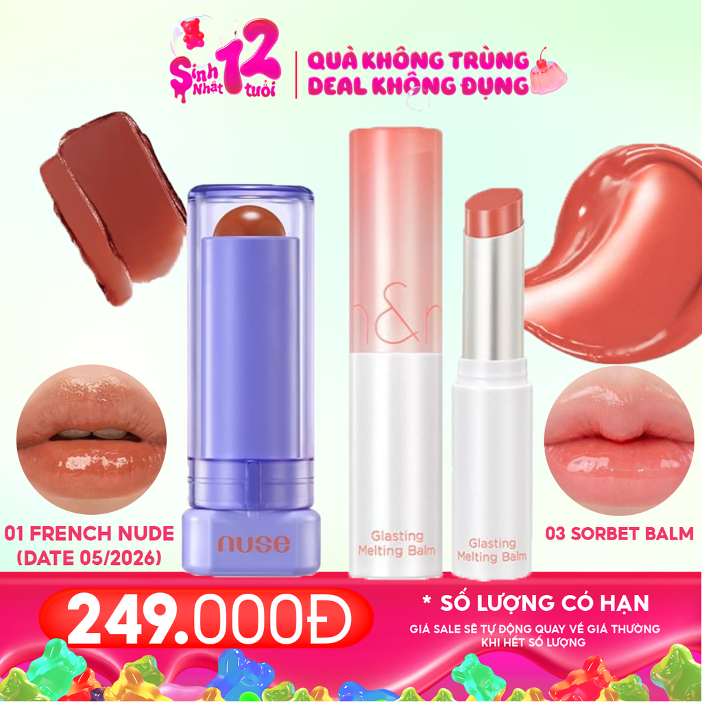 Combo Son Dưỡng Có Màu Thuần Chay Nuse Color Care Lipbalm + Son Dưỡng Có Màu Thuần Chay Romand Glasting Melting Balm #03 Sorbet Balm