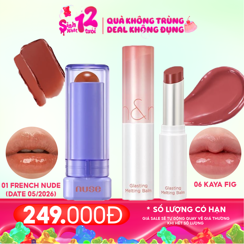 Combo Son Dưỡng Có Màu Thuần Chay Nuse Color Care Lipbalm + Son Dưỡng Có Màu Thuần Chay Romand Glasting Melting Balm #06 Kaya Fig
