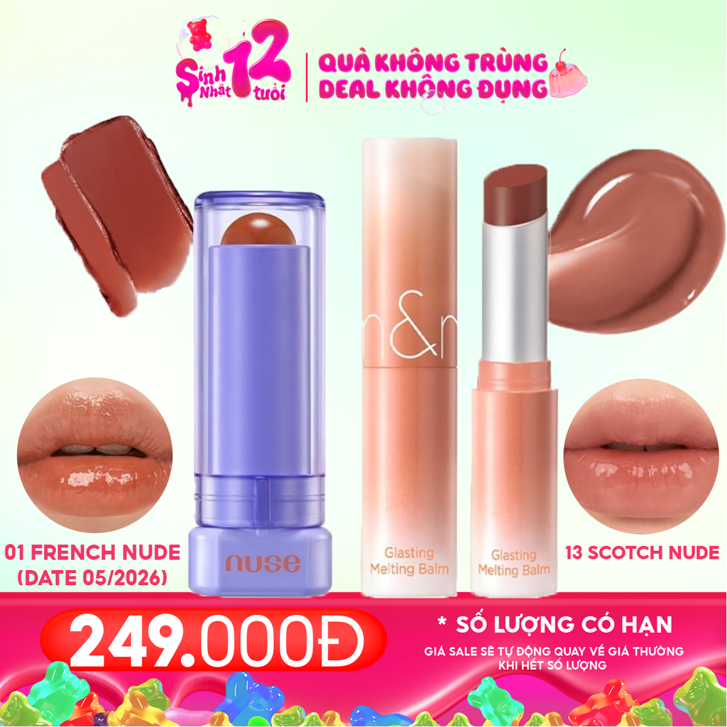 Combo Son Dưỡng Có Màu Thuần Chay Nuse Color Care Lipbalm + Son Dưỡng Có Màu Thuần Chay Romand Glasting Melting Balm #13 Scotch Nude