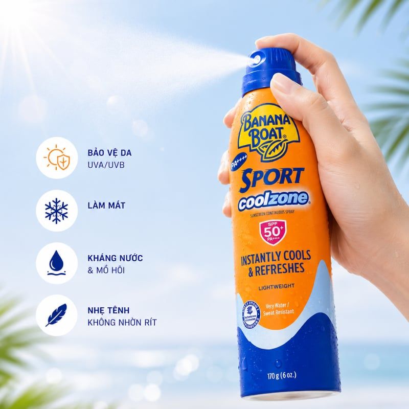 Xịt Chống Nắng Thể Thao Banana Boat Thơm Mát Sport Coolzone Sunscreen Continuous Spray SPF 50+ PA++++ 170g