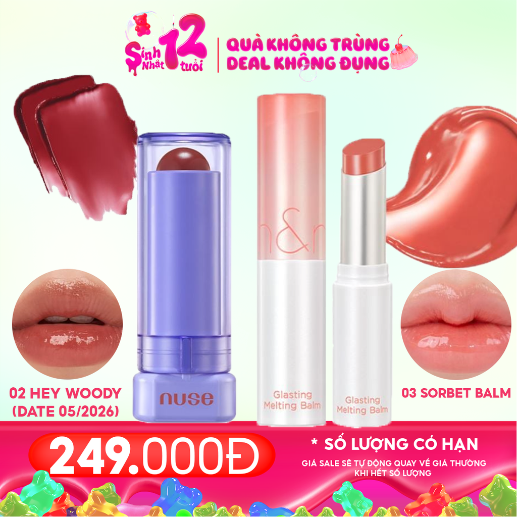 Combo Son Dưỡng Có Màu Thuần Chay Nuse Color Care Lipbalm + Son Dưỡng Có Màu Thuần Chay Romand Glasting Melting Balm #03 Sorbet Balm